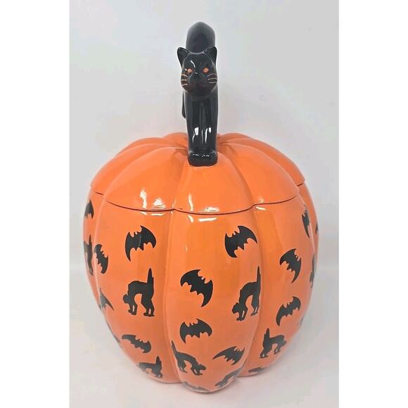 Neiman Marcus Exclusive Black Cat Black Bat Motif Halloween Pumpkin Cookie Jar - Picture 3 of 13